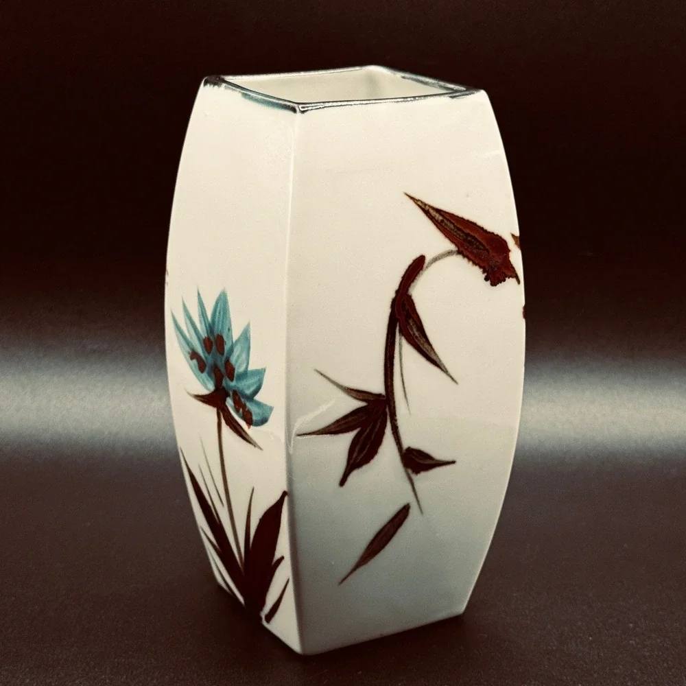 Vintage Napcoware Japan MCM Square Vase Turquoise Brown Floral Ceramic Botanical